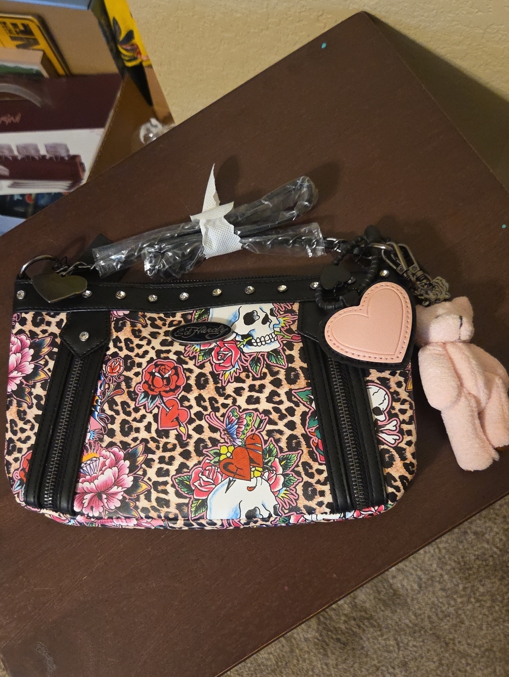Ed Hardy Shoulder Bag With Pink Bear And Heart Charms
